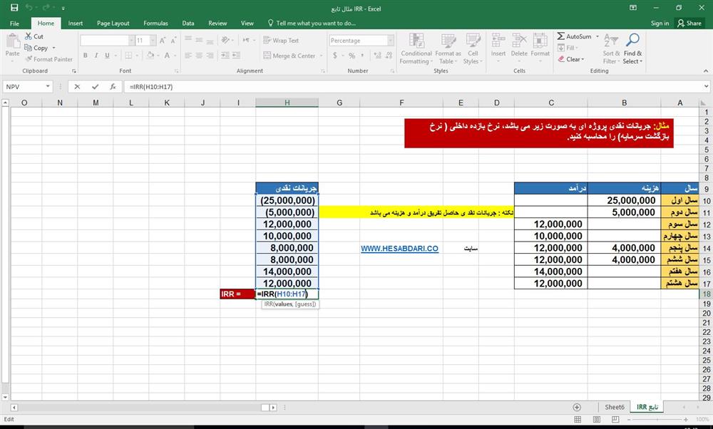 روش های ارزیابی پروژه ها ی مورد سرمایه گذاری با استفاده از توابع اکسل